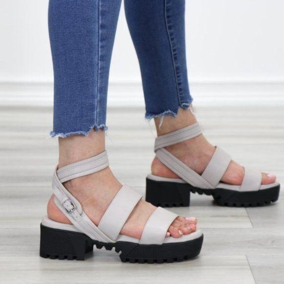 Gray Strappy Chunky Heel Sandal Faux Leather - Picture 5 of 11